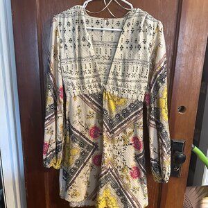 Free People mini dress long sleeves floral boho yellow/black.pink/beight size xs